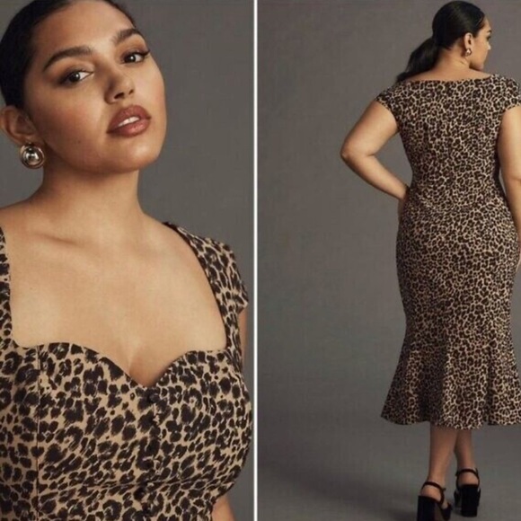Anthropologie size XL The Cecily Leopard Print Fit & Flare Midi Dress Sweetheart - Picture 2 of 9